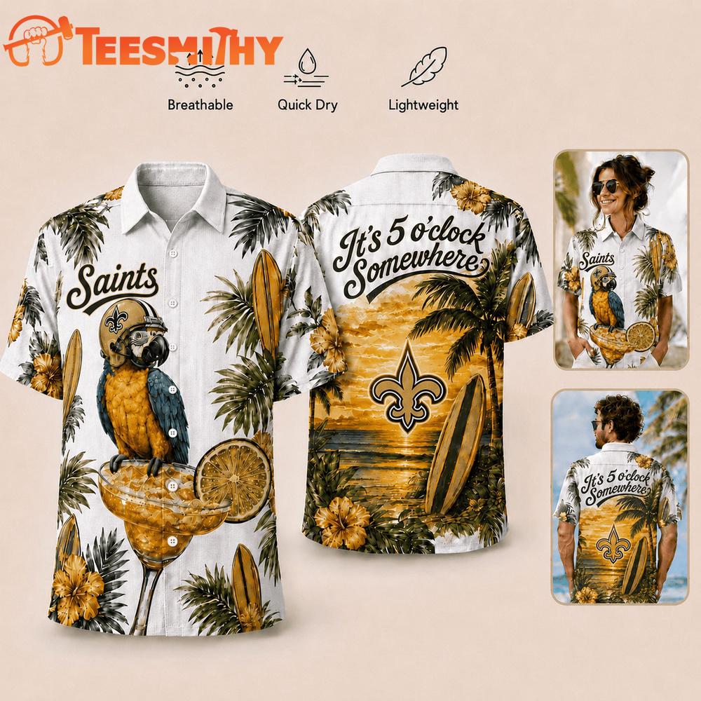 New Orleans Saints NFL It's 5 O'clock Somewhere Button Up Tropical Parrot Hawaiian Shirt