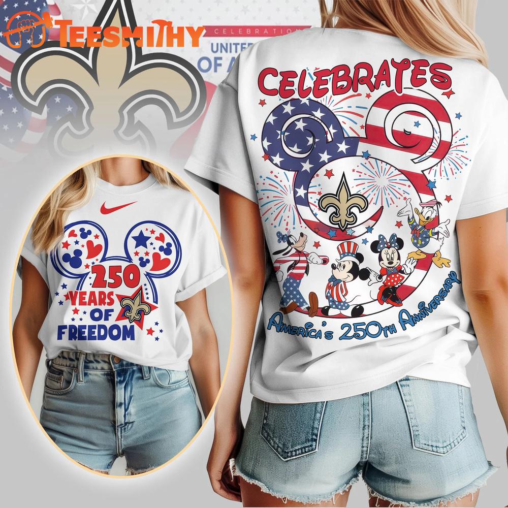 New Orleans Saints NFL Mickey Celebrates America 250th Anniversary All Over Print T Shirt