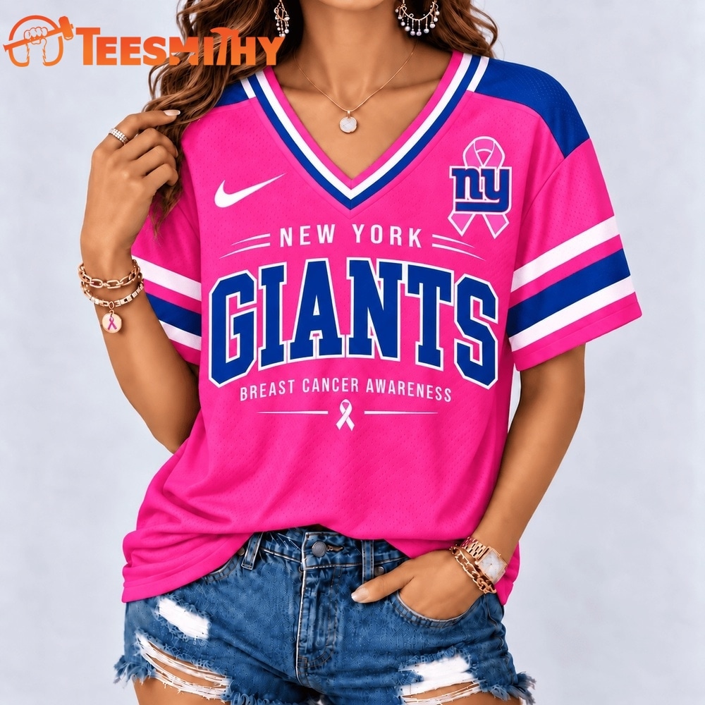 New York Giants 2026 NFL Pink Breast Cancer Awareness V neck T Shirt