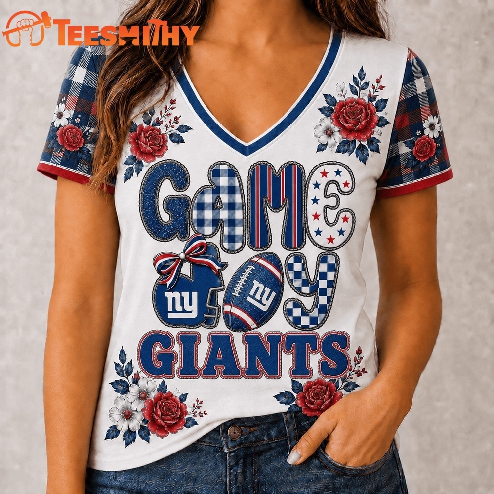 New York Giants NFL Football Flowers Team Pride V Neck T Shirt