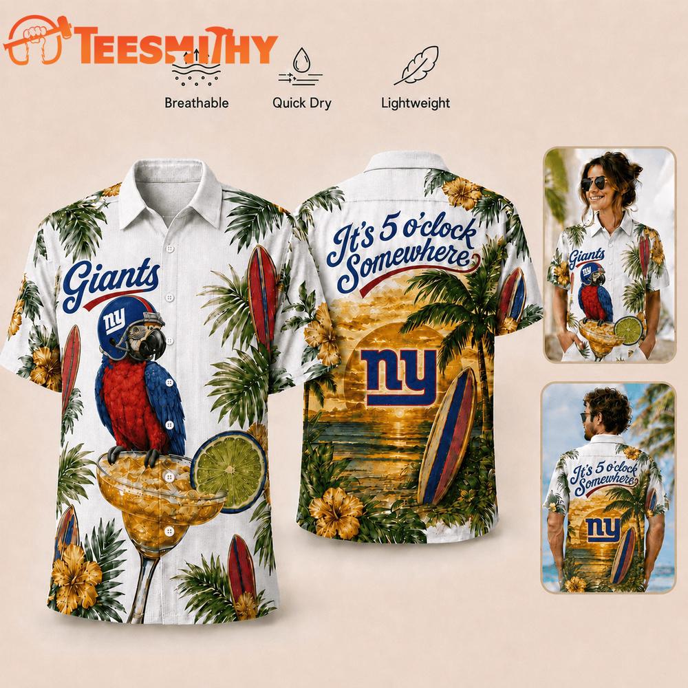 New York Giants NFL It's 5 O'clock Somewhere Button Up Tropical Parrot Hawaiian Shirt