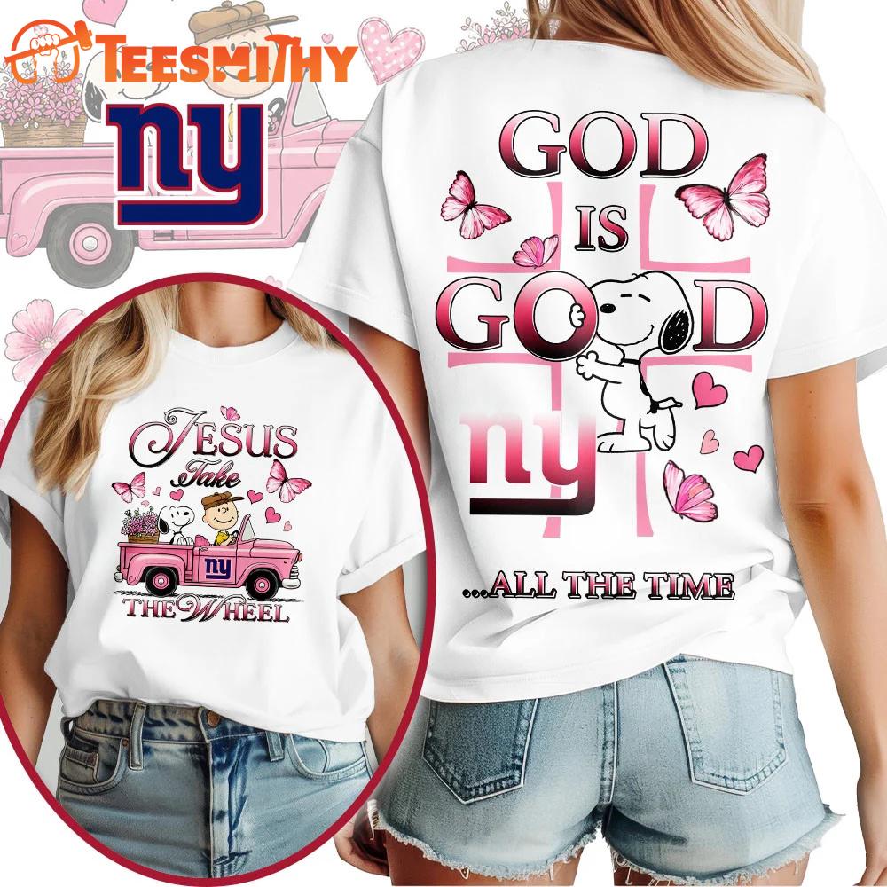 New York Giants NFL Snoopy Jesus Take The Wheel God Is Good 3D Shirt