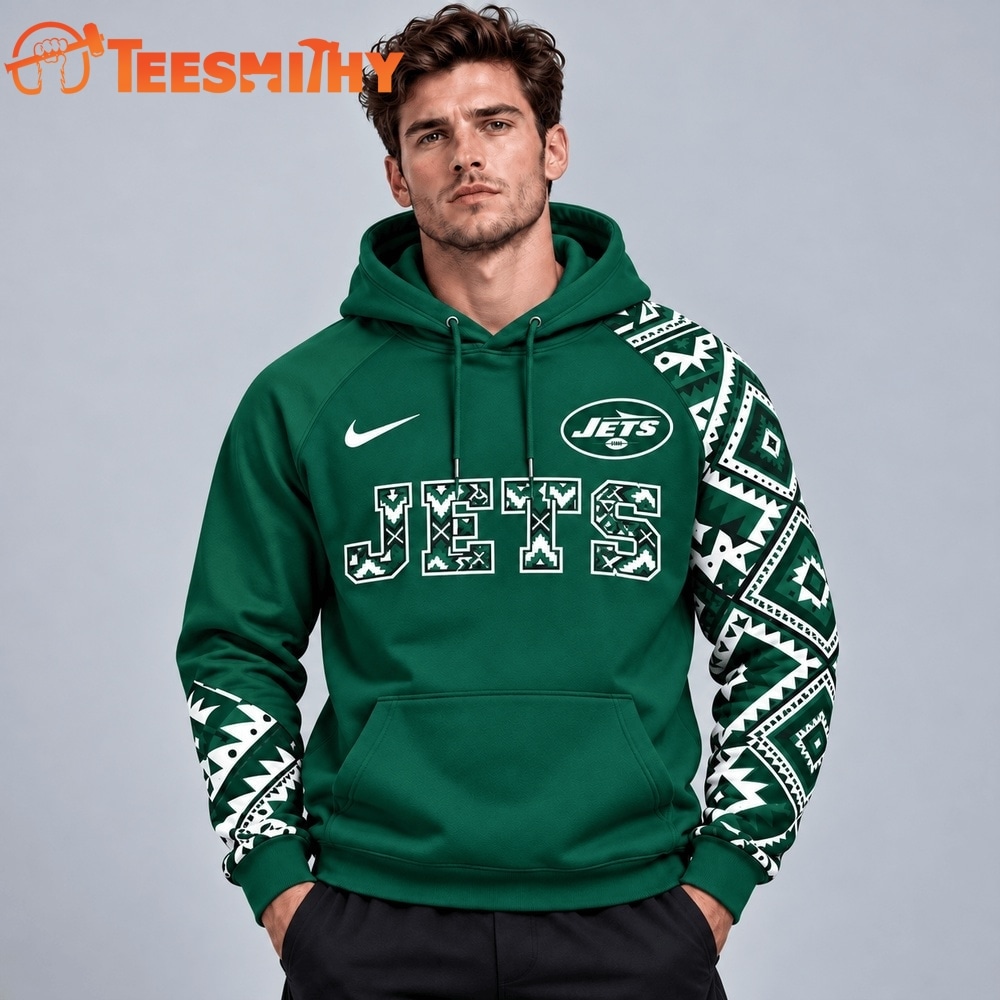 New York Jets NFL Aztec Inspired Colorblock Hoodie With Asymmetric Sleeves And Bold Team Lettering