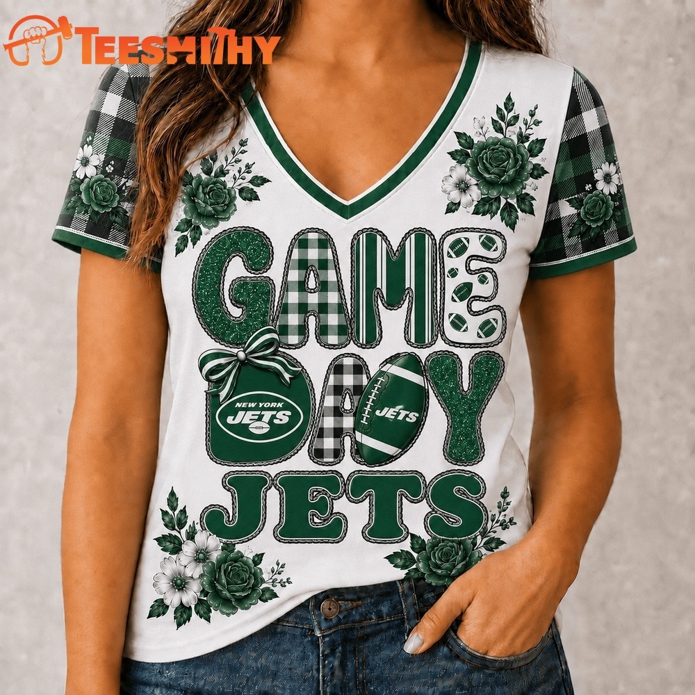 New York Jets NFL Football Flowers Team Pride V Neck T Shirt