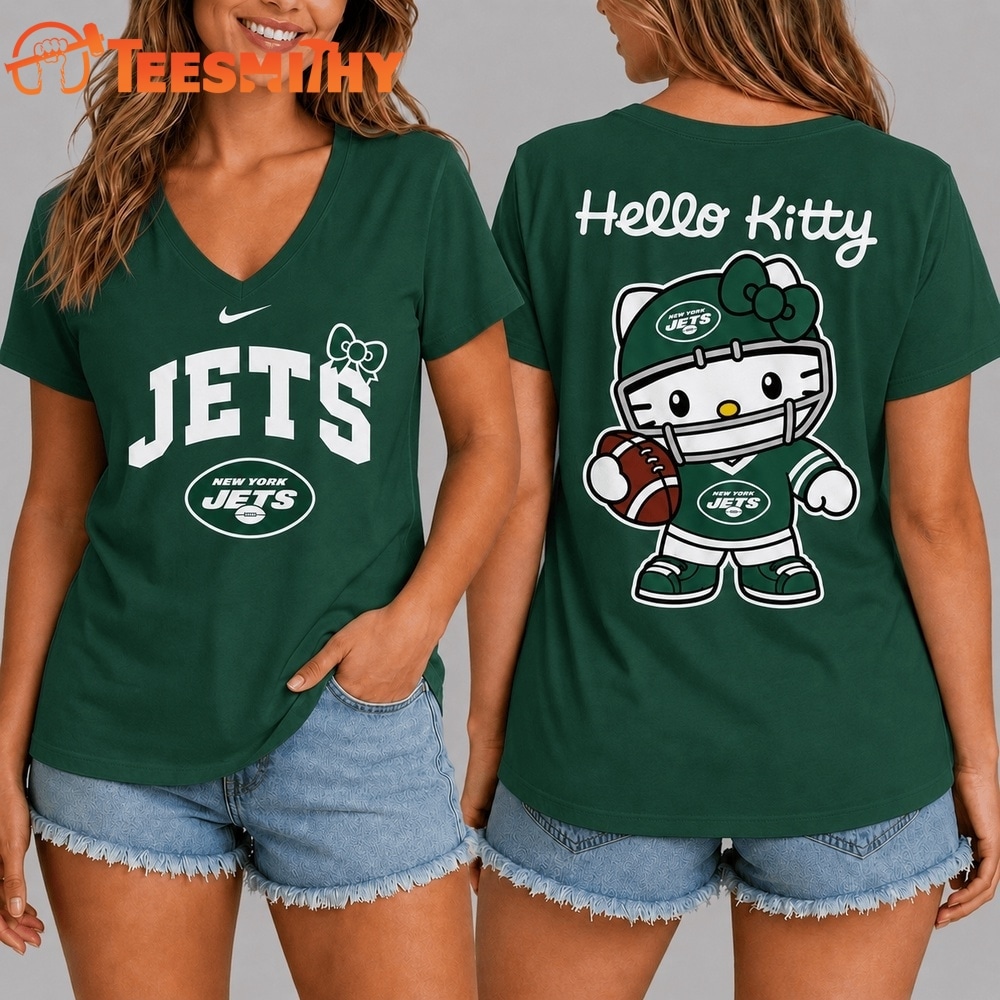 New York Jets NFL Hello Kitty Football V Neck T Shirt