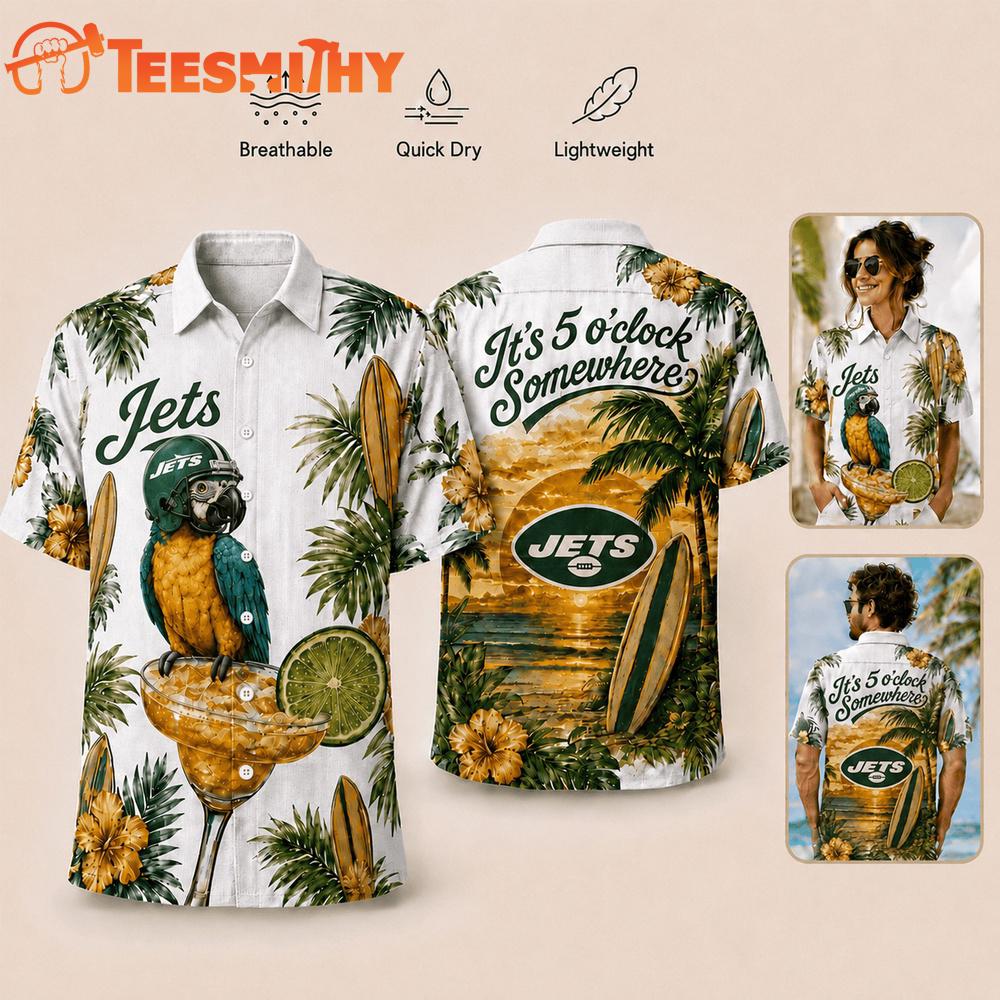 New York Jets NFL It's 5 O'clock Somewhere Button Up Tropical Parrot Hawaiian Shirt