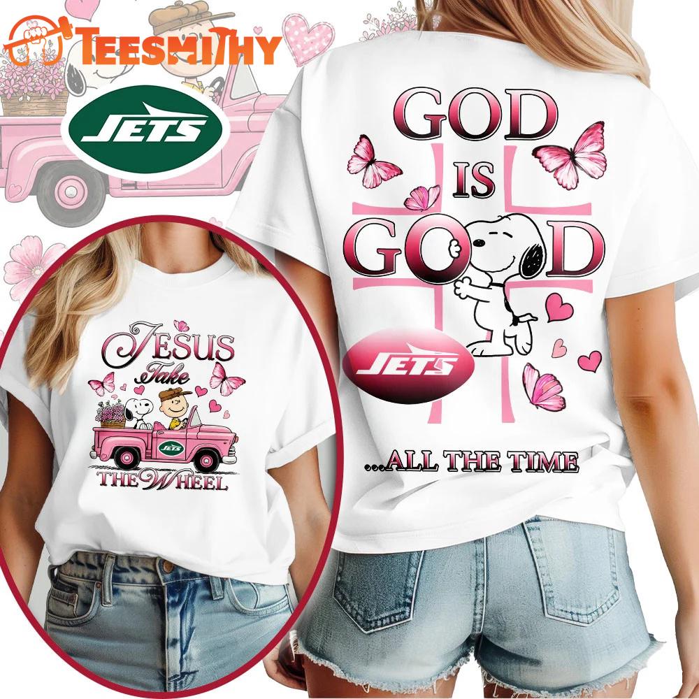 New York Jets NFL Snoopy Jesus Take The Wheel God Is Good 3D Shirt