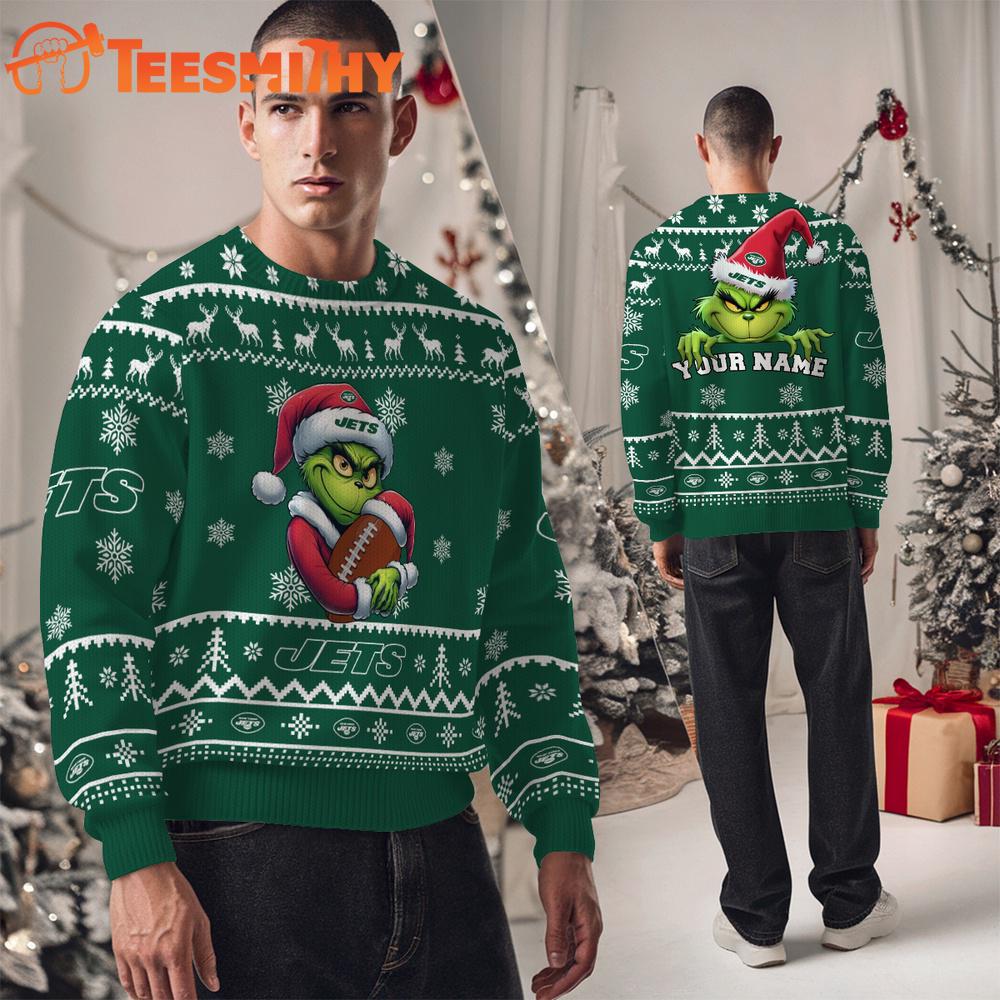 New York Jets NFL Team Color Grinch Ugly Christmas Sweater