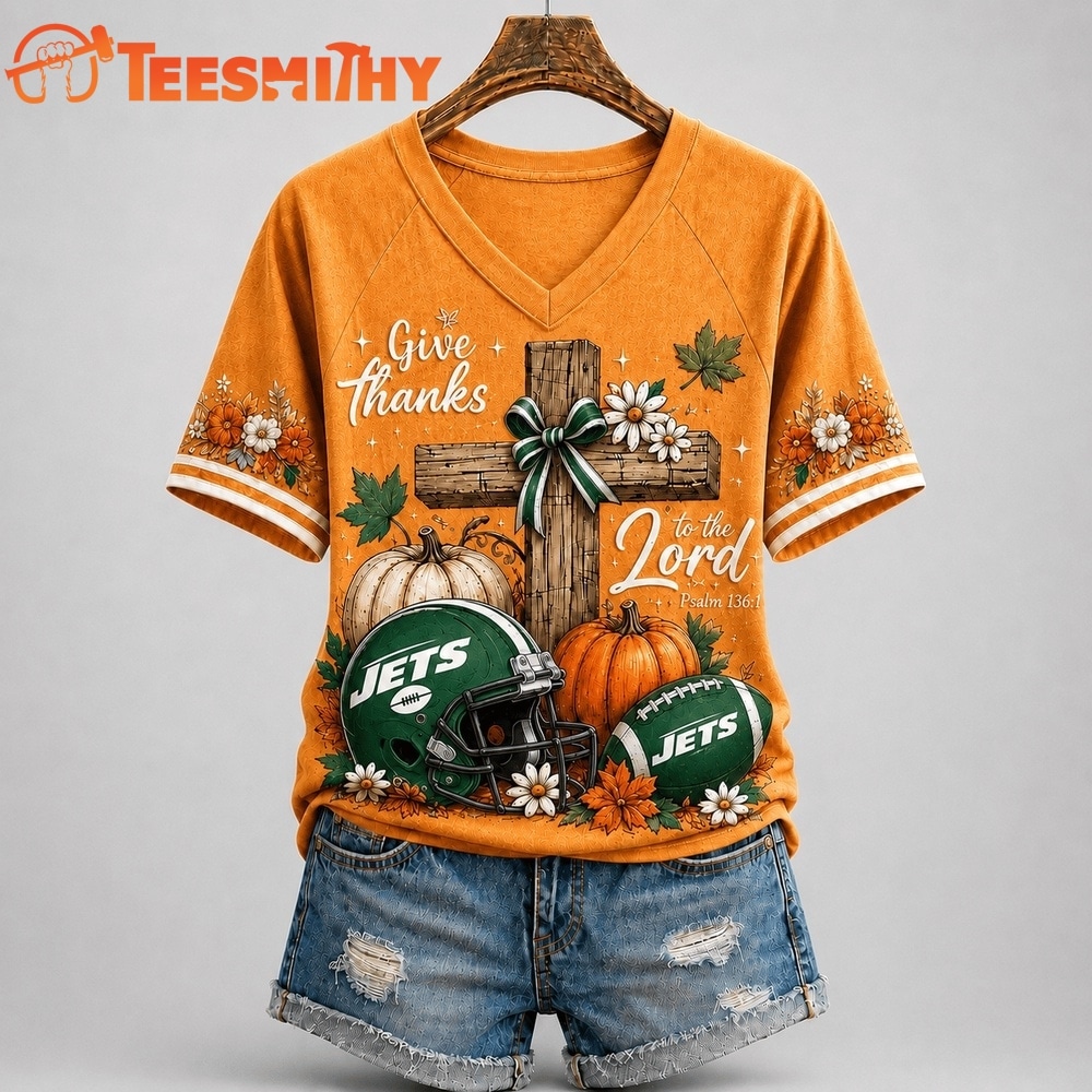 New York Jets NFL Thanksgiving Faith And Football V Neck T Shirt
