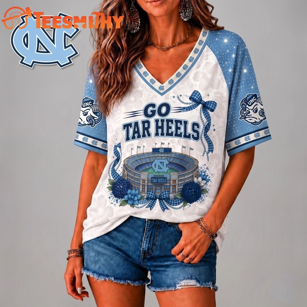 North Carolina Tar Heels NCAA Floral Stadium Bow V Neck 3D T Shirt