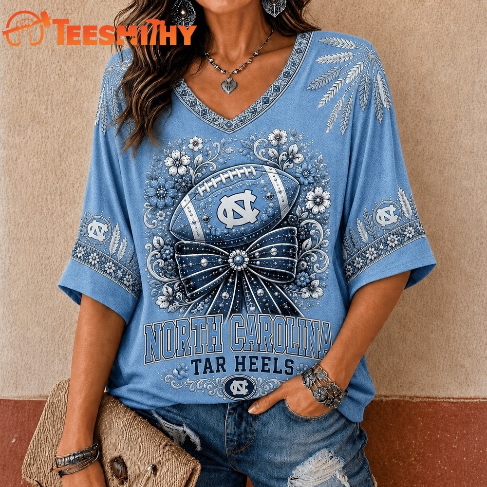 North Carolina Tar Heels NCAA Vintage Floral Bow V Neck T Shirt