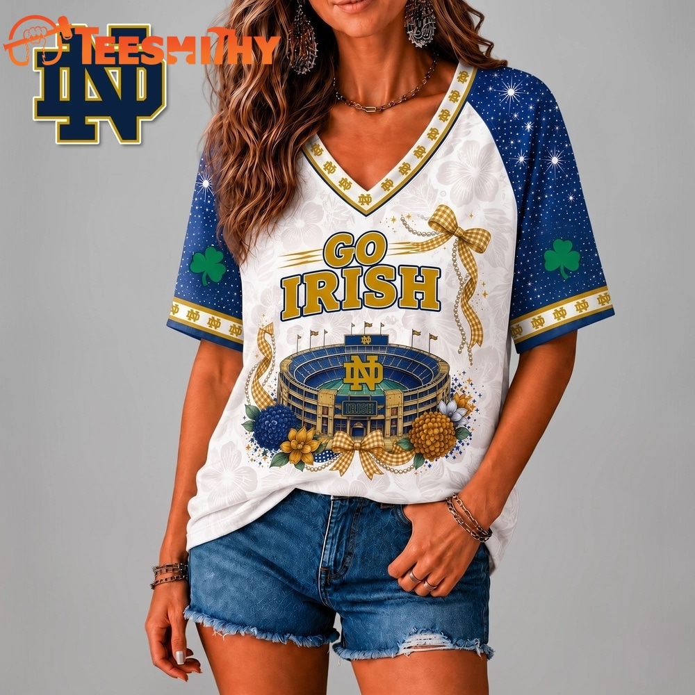 Notre Dame Fighting Irish NCAA Floral Stadium Bow V Neck 3D T Shirt