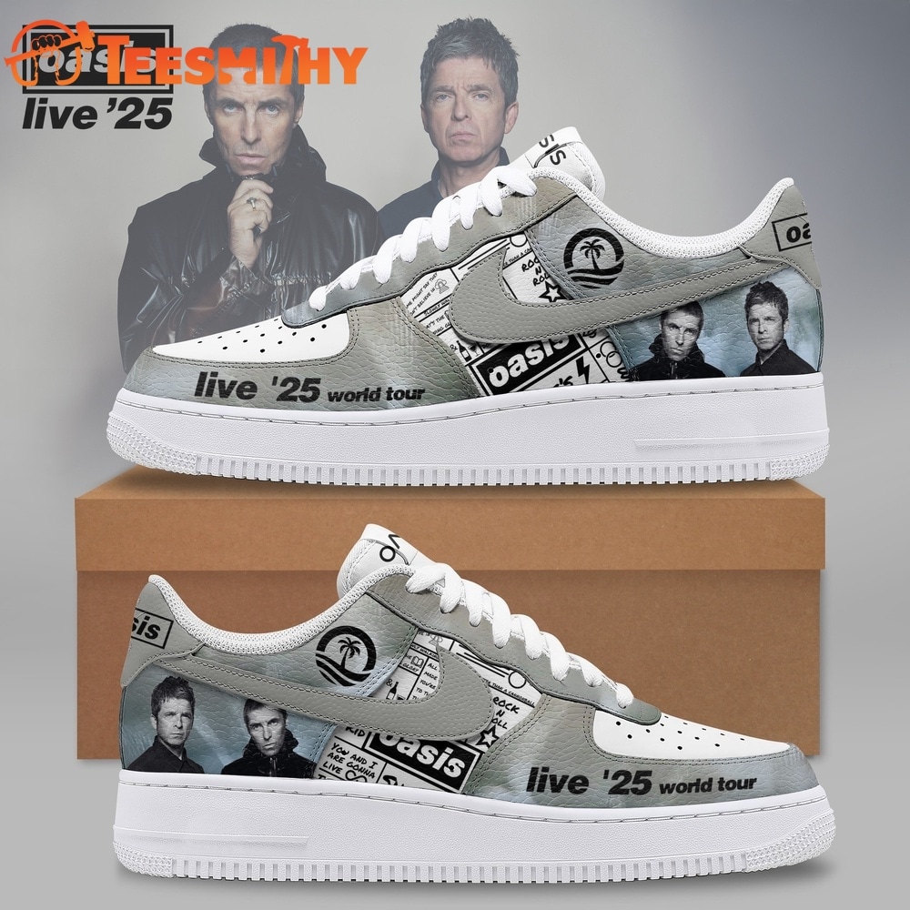 Oasis Live '25 World Tour Grey Britpop Rock Band Graphic Air Force 1 Shoes Sneakers