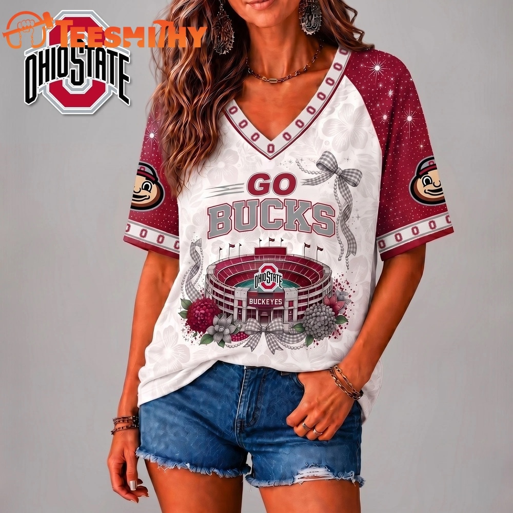 Ohio State Buckeyes NCAA Floral Stadium Bow V Neck 3D T Shirt