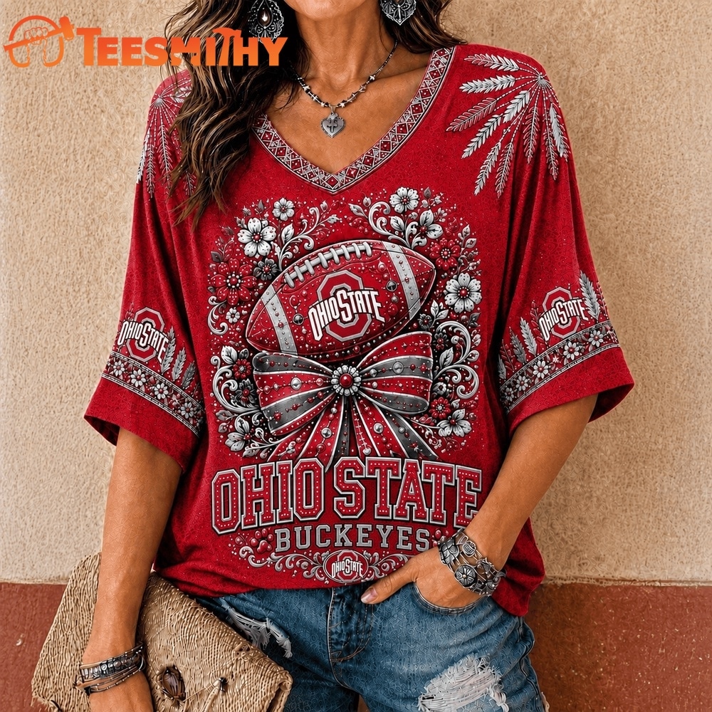 Ohio State Buckeyes NCAA Vintage Floral Bow V Neck T Shirt