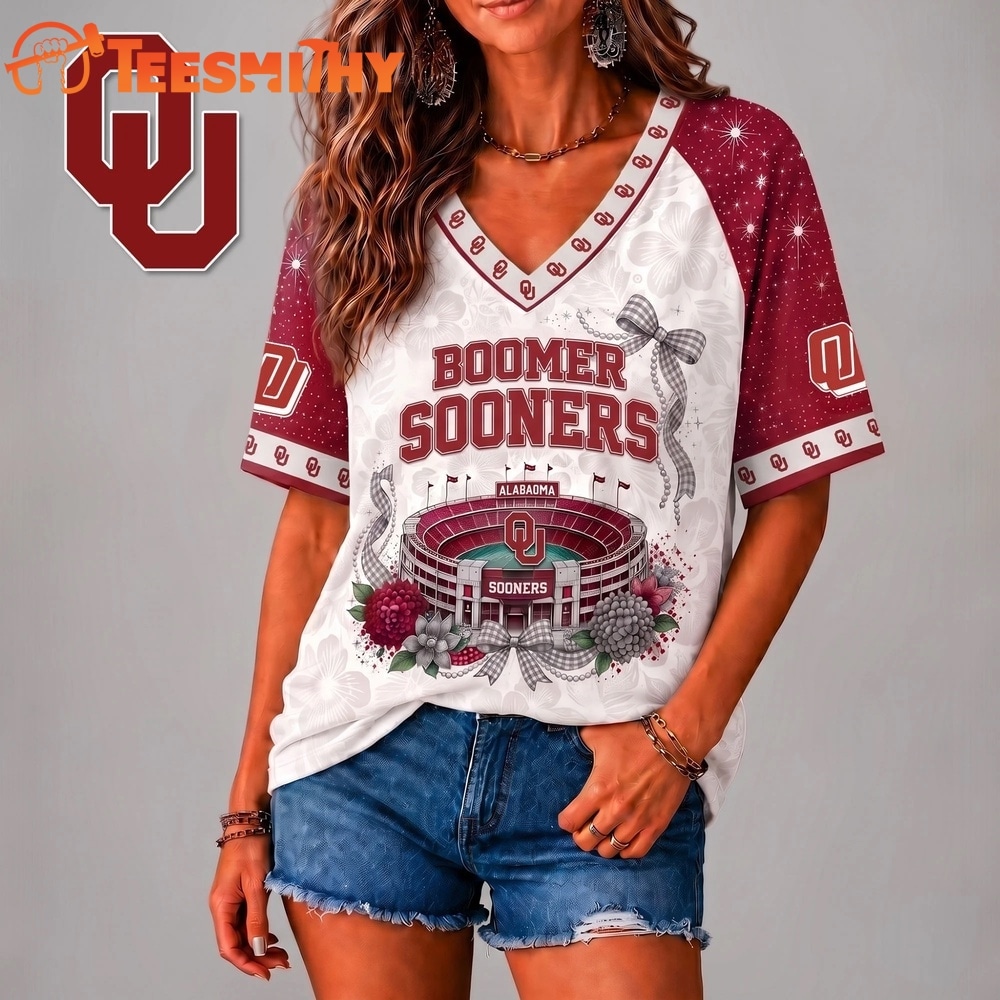 Oklahoma Sooners NCAA Floral Stadium Bow V Neck 3D T Shirt