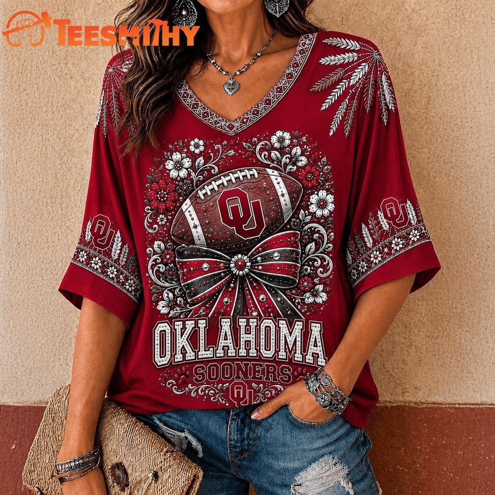 Oklahoma Sooners NCAA Vintage Floral Bow V Neck T Shirt