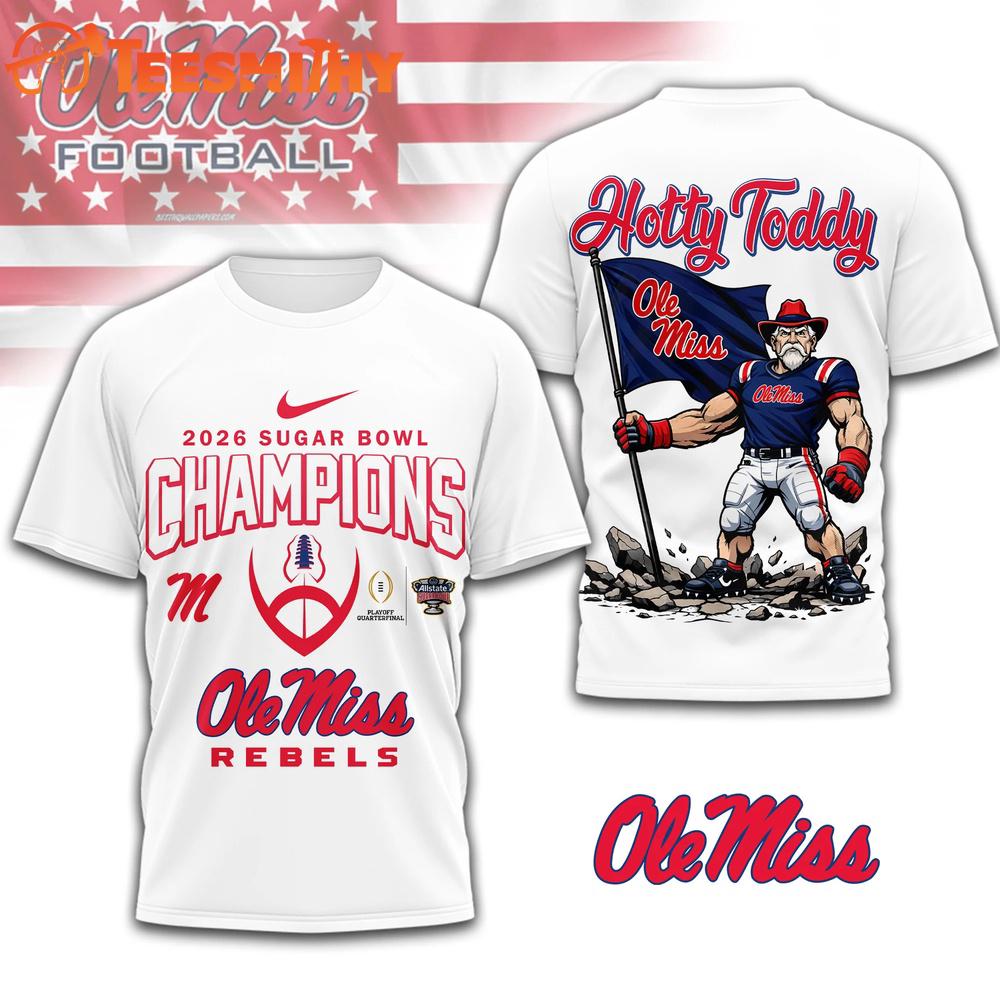 Ole Miss Rebels NCAA 2026 Sugar Bowl Champions Mascot Flag White 3D Shirt