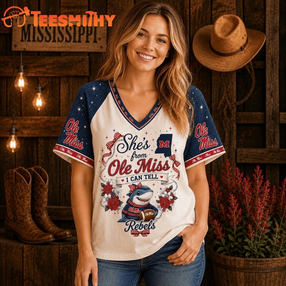 Ole Miss Rebels NCAA Bow and Floral Team Spirit V Neck T Shirt