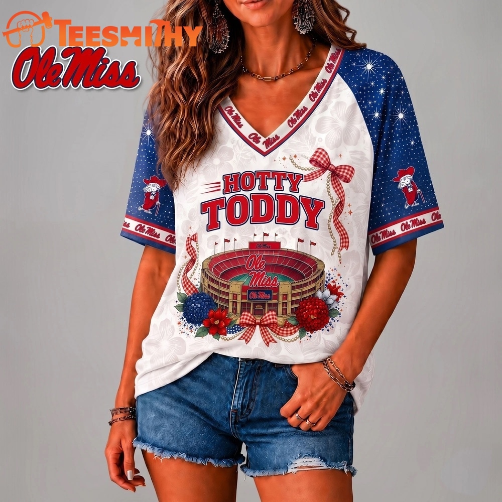 Ole Miss Rebels NCAA Floral Stadium Bow V Neck 3D T Shirt