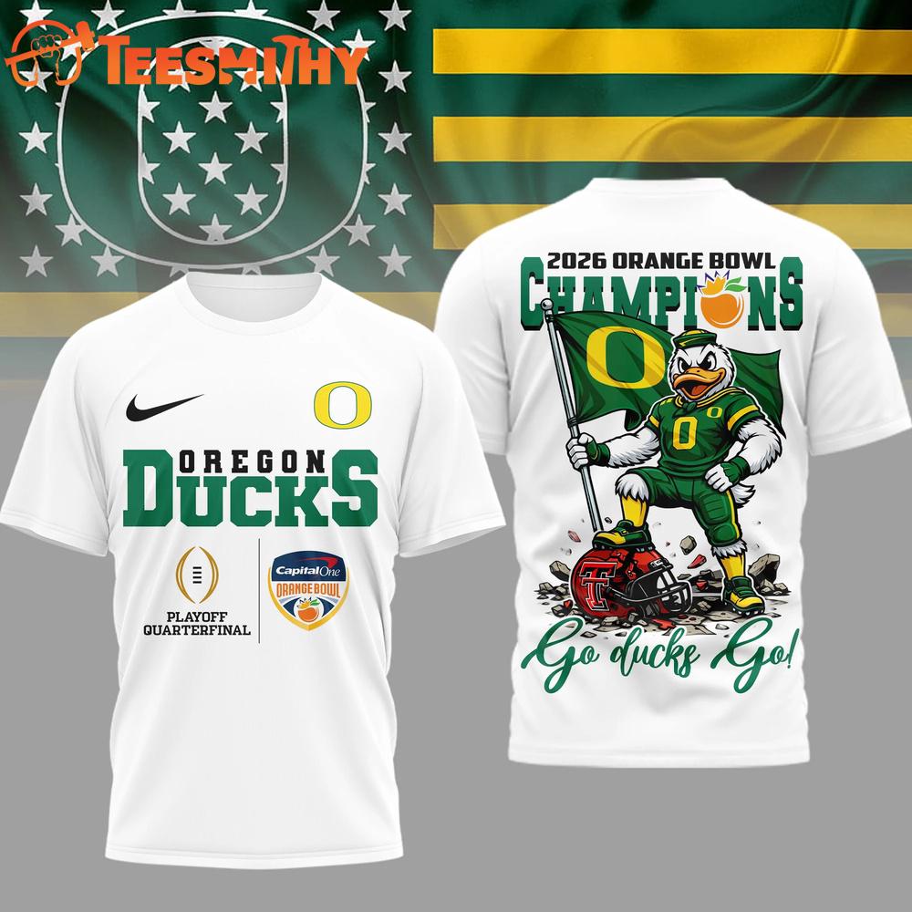 Oregon Ducks NCAA 2026 Orange Bowl Champions Mascot Flag Limited T Shirt
