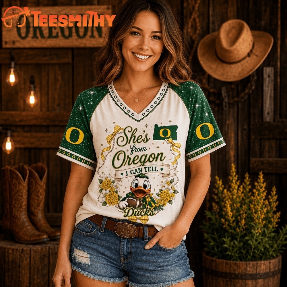 Oregon Ducks NCAA Bow and Floral Team Spirit V Neck T Shirt