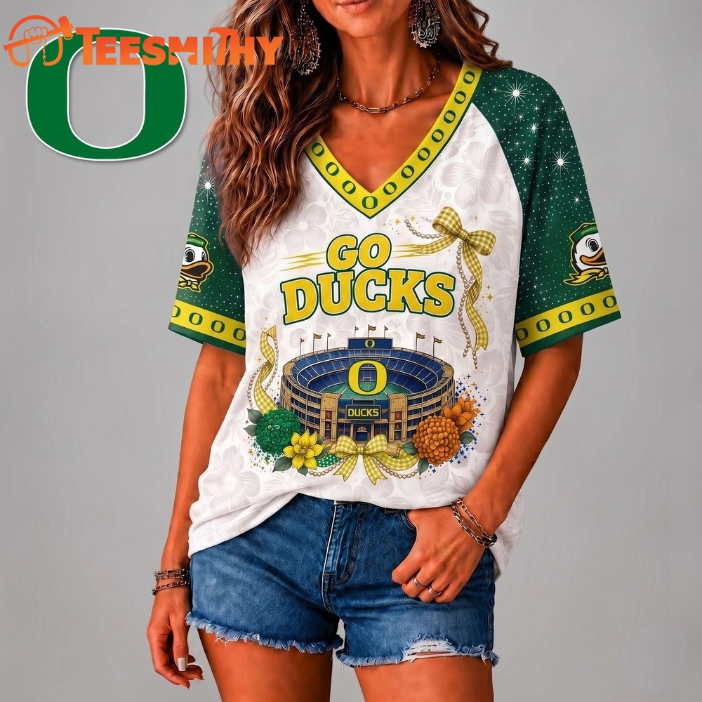 Oregon Ducks NCAA Floral Stadium Bow V Neck 3D T Shirt