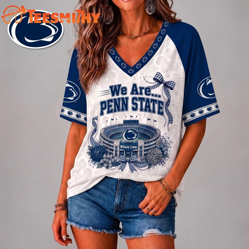 Penn State Nittany Lions NCAA Floral Stadium Bow V Neck 3D T Shirt