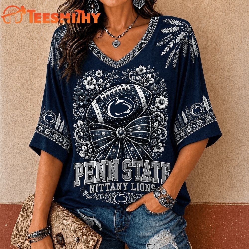 Penn State Nittany Lions NCAA Vintage Floral Bow V Neck T Shirt