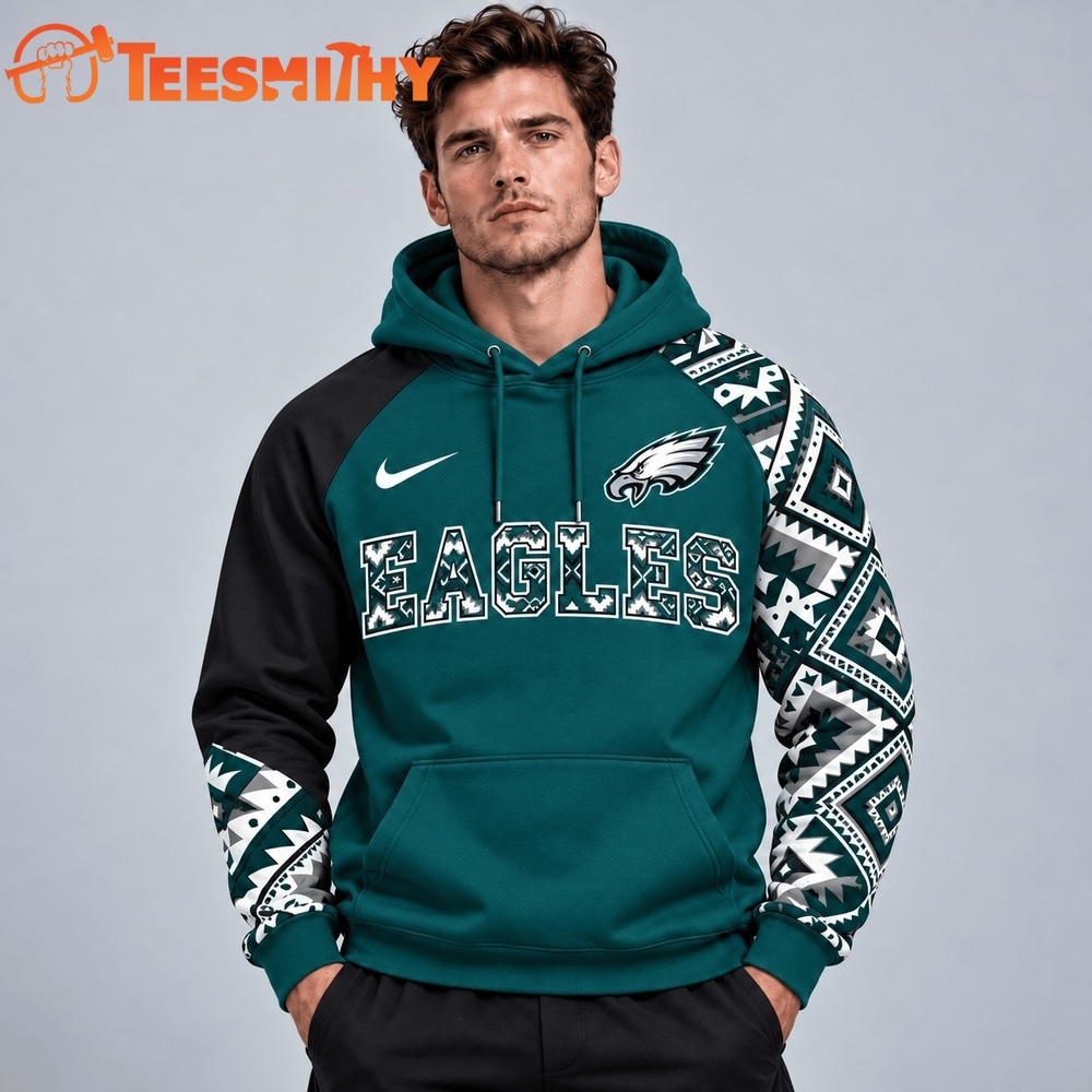 Philadelphia Eagles NFL Aztec Inspired Colorblock Hoodie With Asymmetric Sleeves And Bold Team Lettering