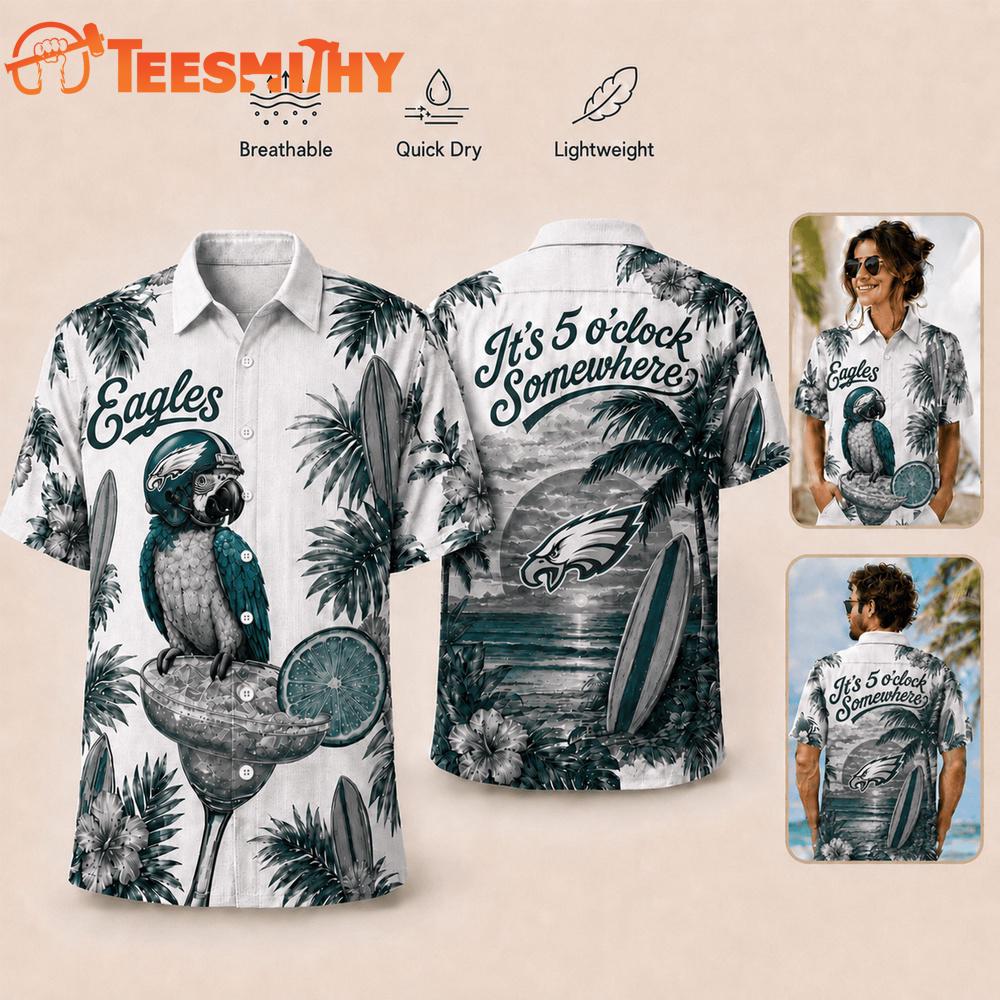 Philadelphia Eagles NFL It's 5 O'clock Somewhere Button Up Tropical Parrot Hawaiian Shirt