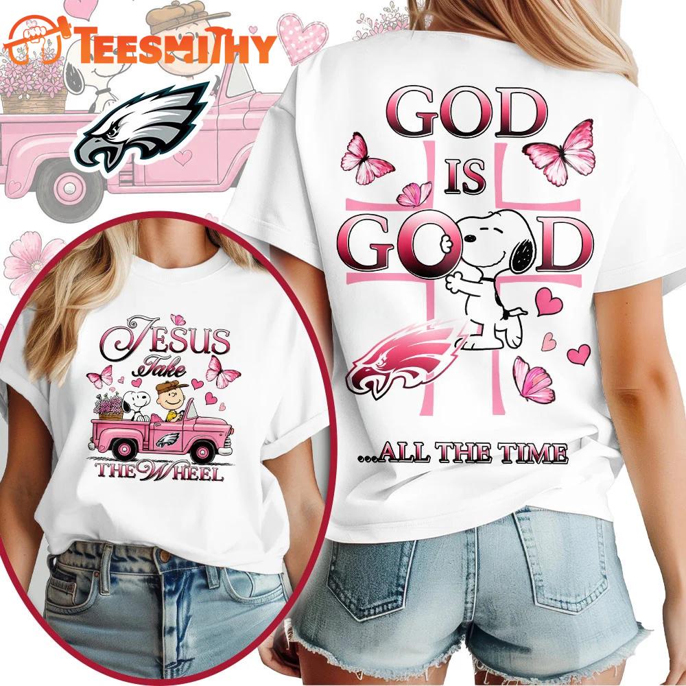 Philadelphia Eagles NFL Snoopy Jesus Take The Wheel God Is Good 3D Shirt