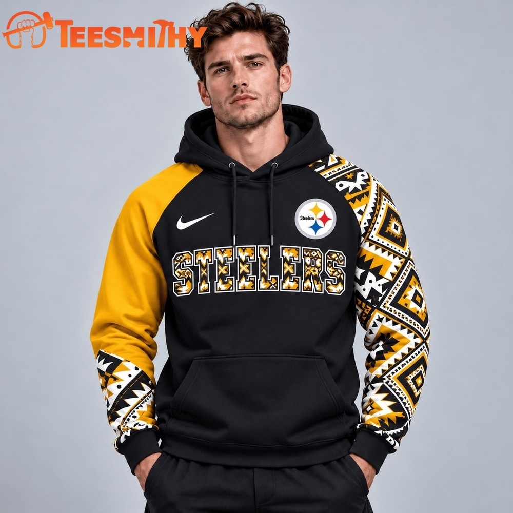 Pittsburgh Steelers NFL Aztec Inspired Colorblock Hoodie With Asymmetric Sleeves And Bold Team Lettering