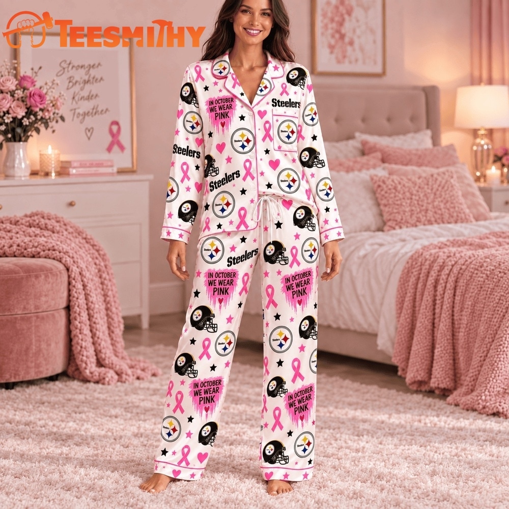Pittsburgh Steelers NFL Breast Cancer Pink Ribbon Long Sleeve Pajamas Set