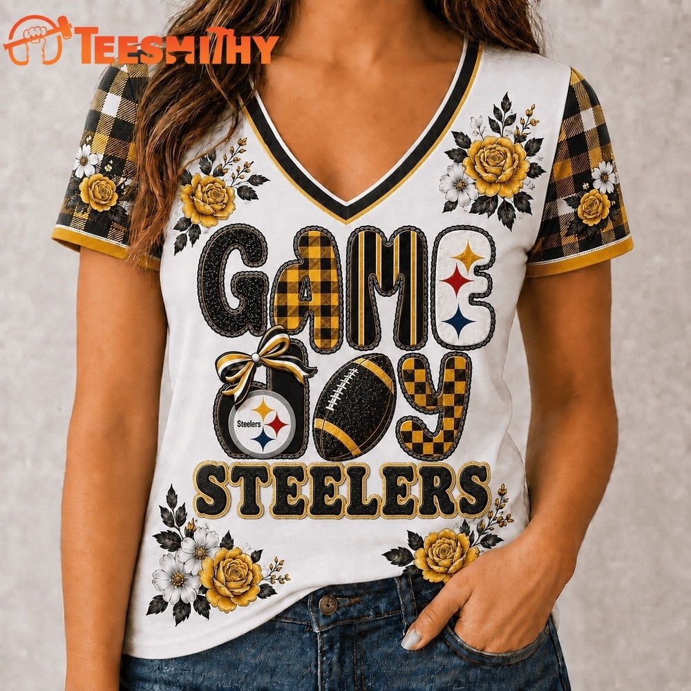 Pittsburgh Steelers NFL Football Flowers Team Pride V Neck T Shirt