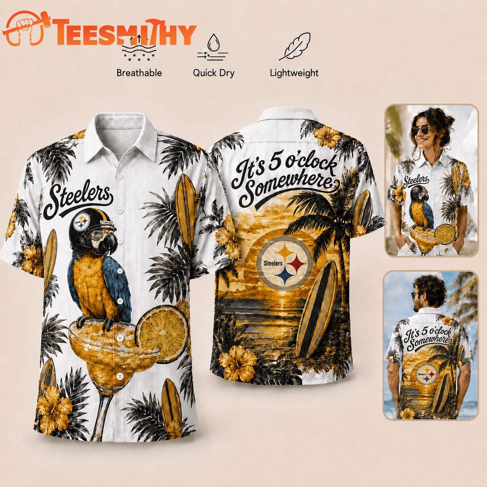 Pittsburgh Steelers NFL It's 5 O'clock Somewhere Button Up Tropical Parrot Hawaiian Shirt