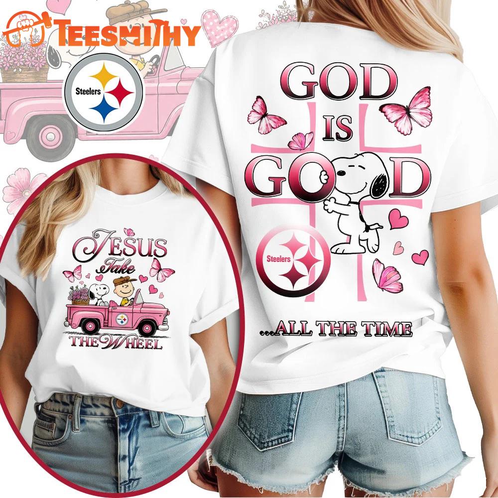 Pittsburgh Steelers NFL Snoopy Jesus Take The Wheel God Is Good 3D Shirt