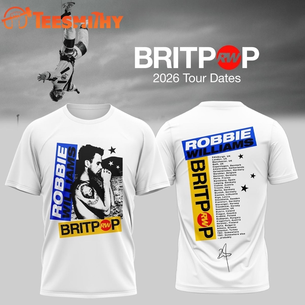 Robbie Williams BRITPOP World Tour 2026 White 3D Shirt 1 Robbie Williams BRITPOP World Tour 2026 White 3D Shirt