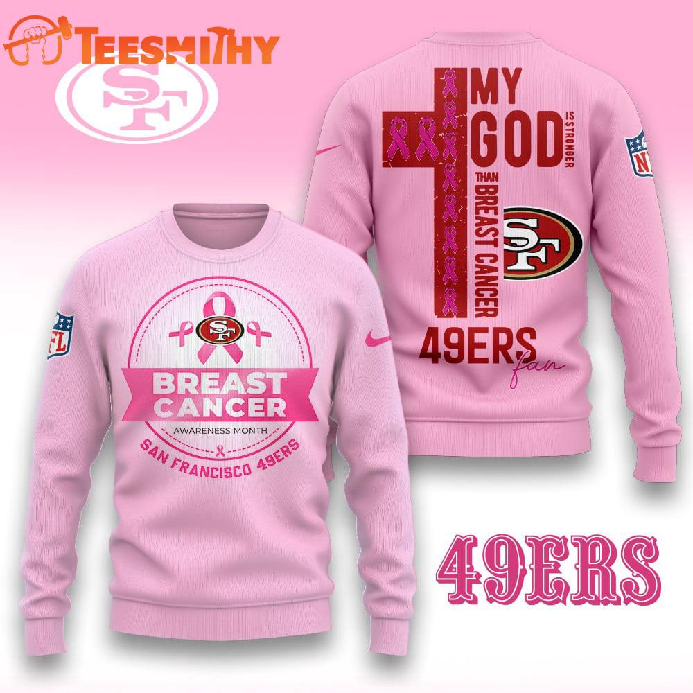 San Francisco 49ers 2025 NFL My God Is Stronger Than Breast Cancer Chritmas Sweater San Francisco 49ers 2025 NFL My God Is Stronger Than Breast Cancer Chritmas Sweater