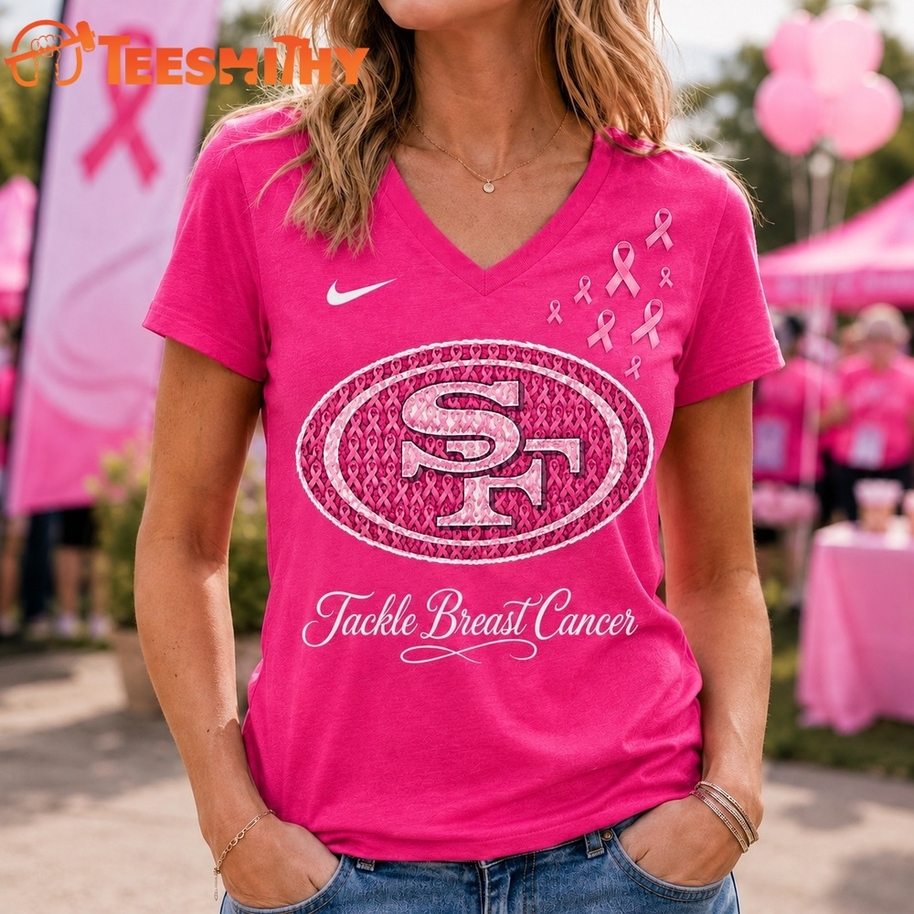 San Francisco 49ers 2026 NFL Tackle Breast Cancer V neck T Shirt