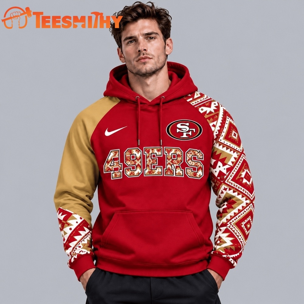 San Francisco 49ers NFL Aztec Inspired Colorblock Hoodie With Asymmetric Sleeves And Bold Team Lettering