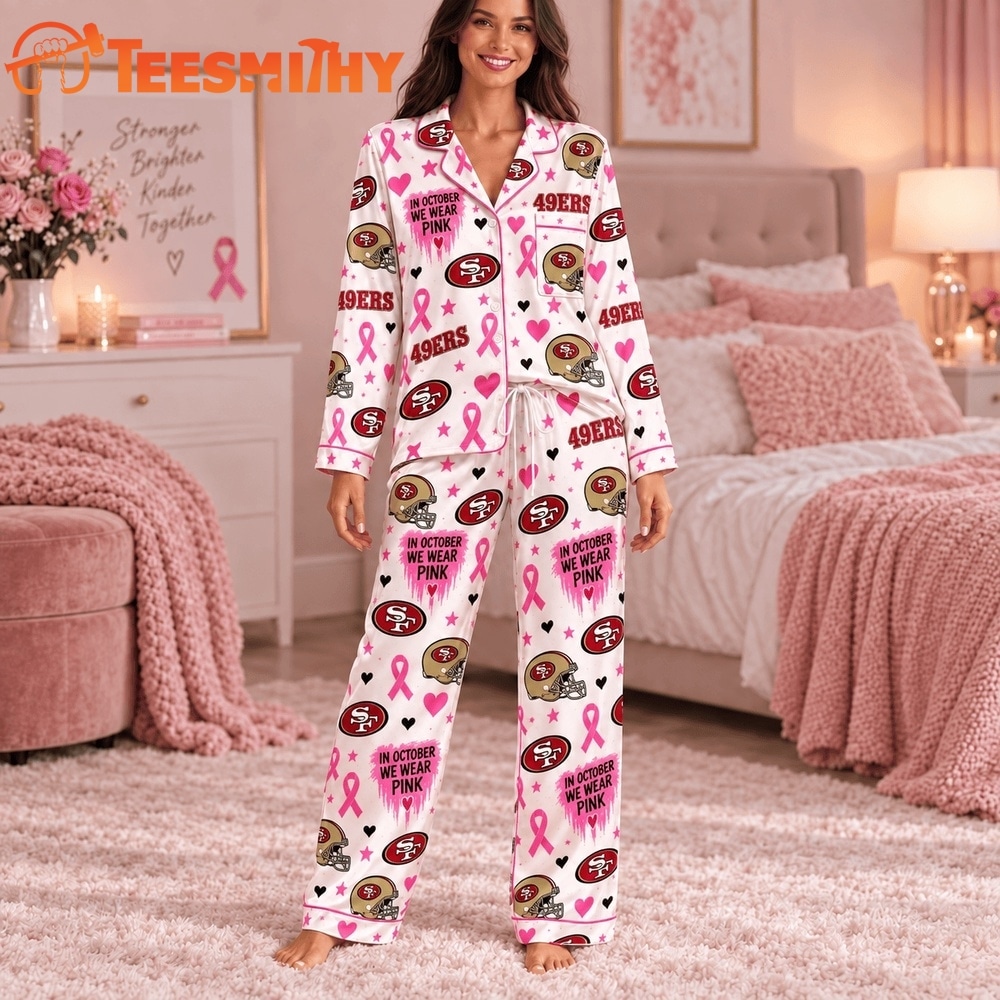 San Francisco 49ers NFL Breast Cancer Pink Ribbon Long Sleeve Pajamas Set