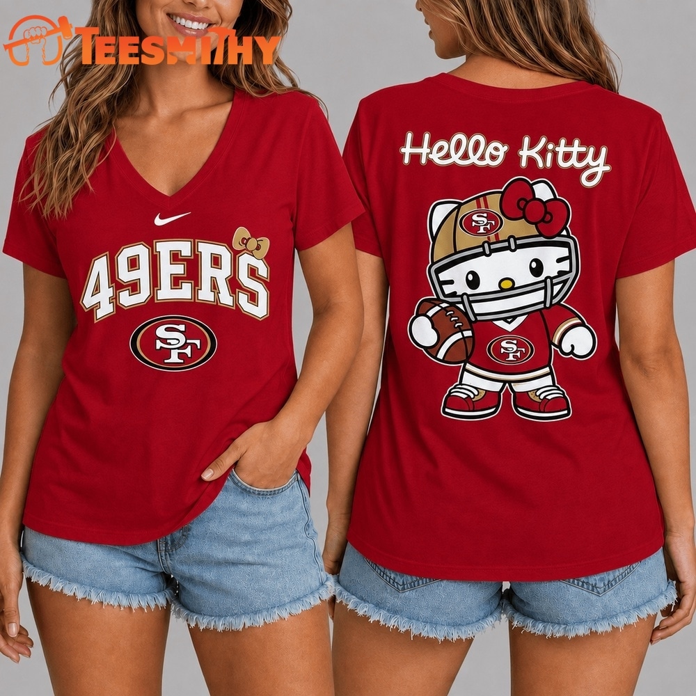 San Francisco 49ers NFL Hello Kitty Football V Neck T Shirt