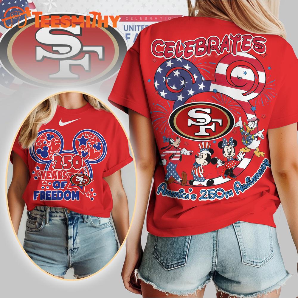 San Francisco 49ers NFL Mickey Celebrates America 250th Anniversary All Over Print T Shirt