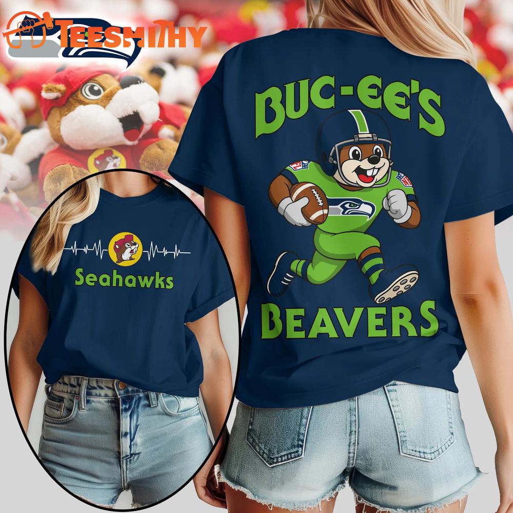 Seattle Seahawks 2026 NFL Buc-ee’s Beavers All Over Print T Shirt