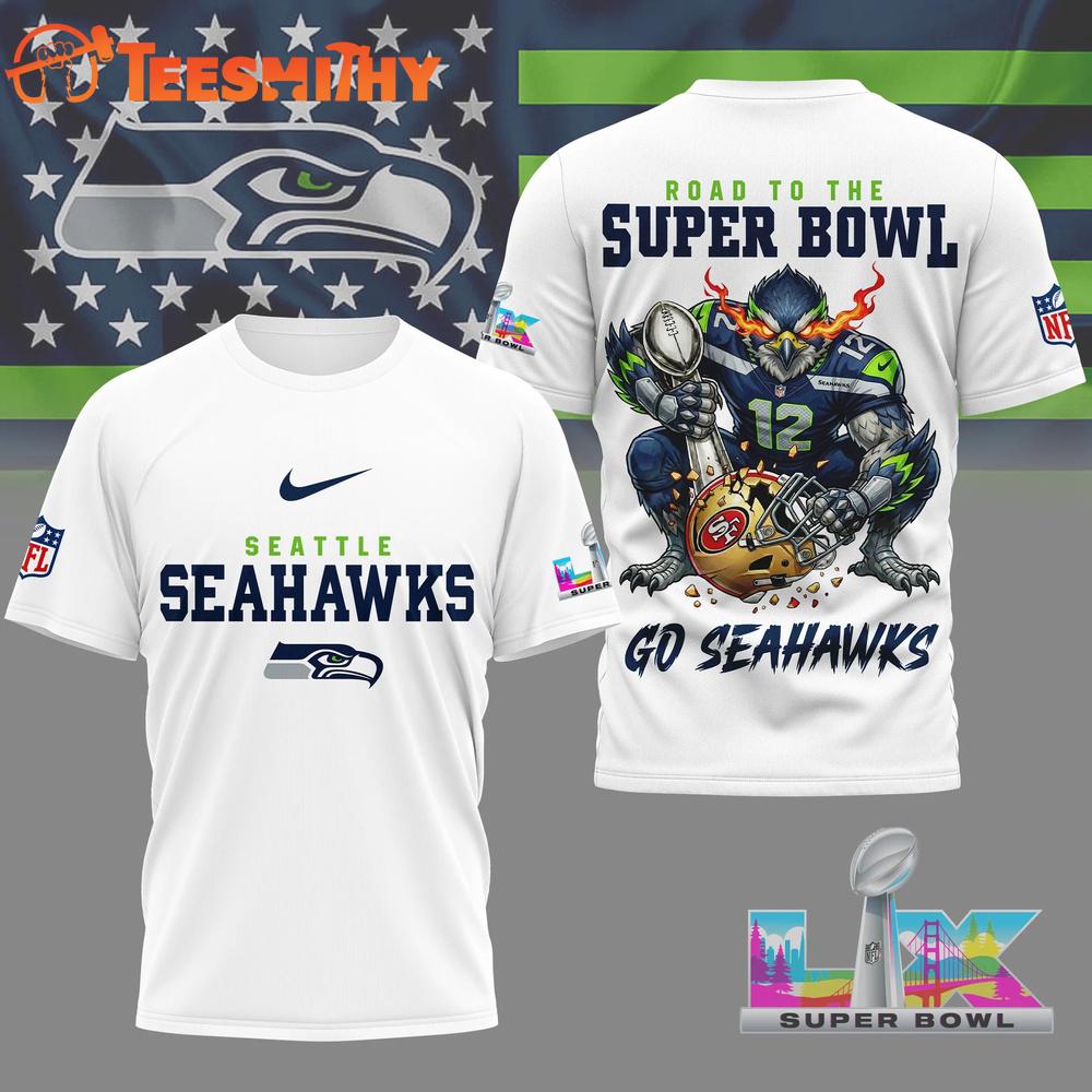 Seattle Seahawks 2026 NFL Road To Super Bowl White 3D Shirt