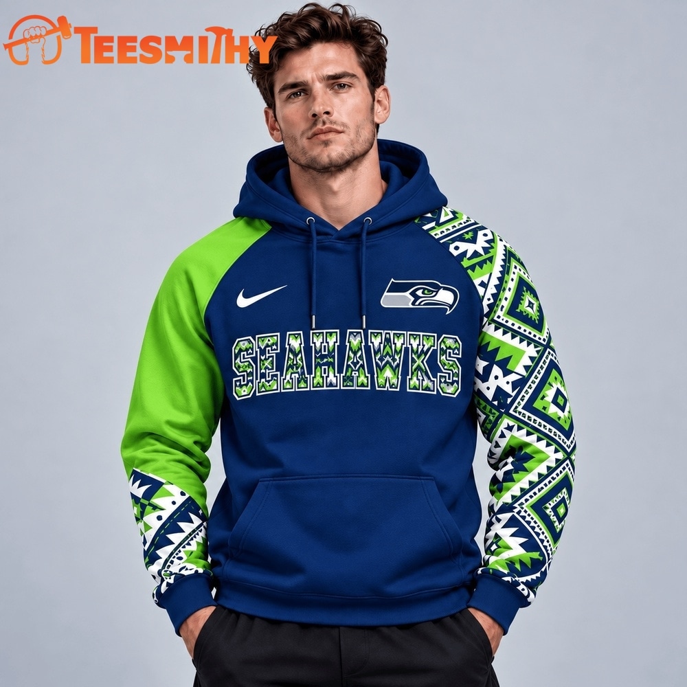 Seattle Seahawks NFL Aztec Inspired Colorblock Hoodie With Asymmetric Sleeves And Bold Team Lettering