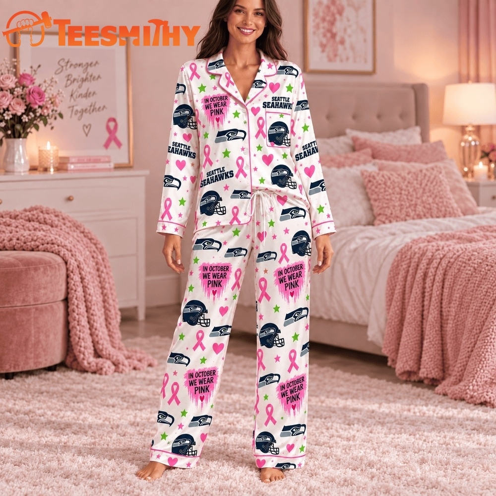 Seattle Seahawks NFL Breast Cancer Pink Ribbon Long Sleeve Pajamas Set