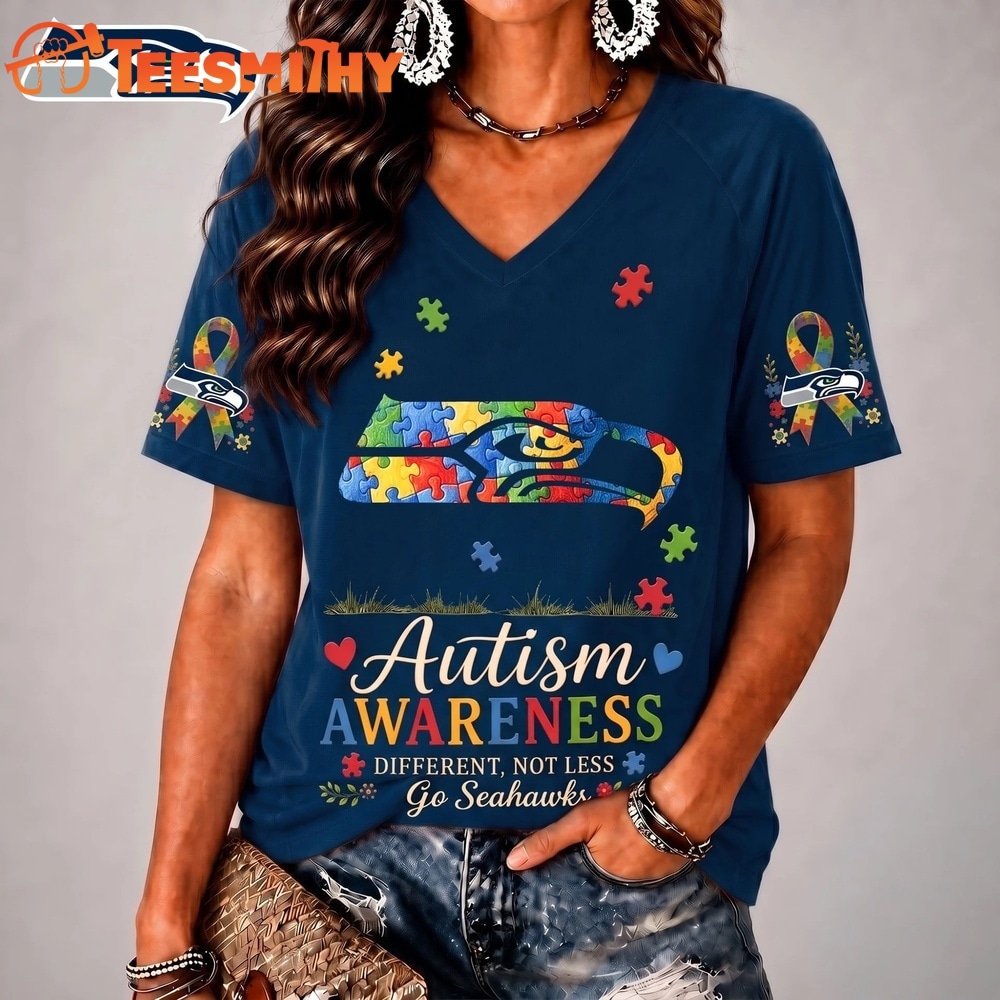 Seattle Seahawks NFL Different, Not Less Autism Awareness V neck T Shirt