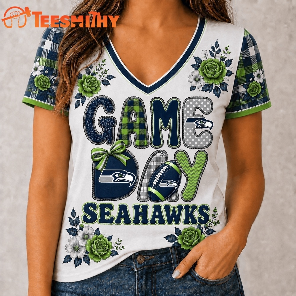 Seattle Seahawks NFL Football Flowers Team Pride V Neck T Shirt